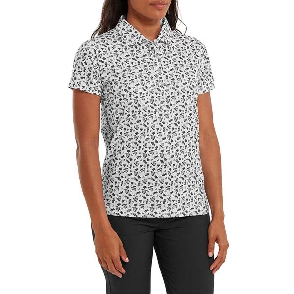 FootJoy Ladies Floral Print Lisle Polo Shirt White - Black 3 FootJoy Ladies Floral Print Lisle Polo Shirt White - Black - Image 3