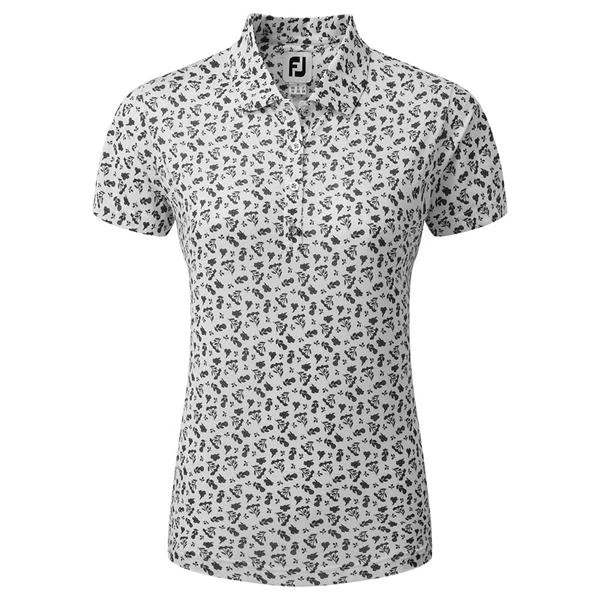 FootJoy Ladies Floral Print Lisle Polo Shirt White - Black 1 FootJoy Ladies Floral Print Lisle Polo Shirt White - Black