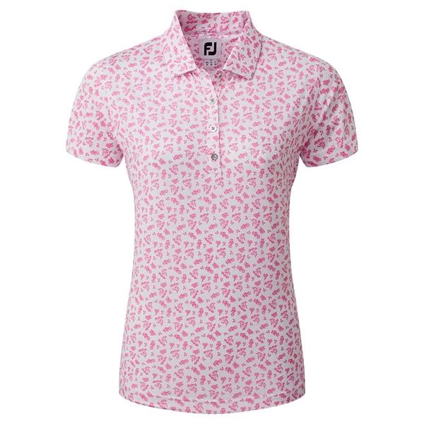 FootJoy Ladies Floral Print Lisle Polo Shirt White - Hot Pink 1 FootJoy Ladies Floral Print Lisle Polo Shirt White - Hot Pink