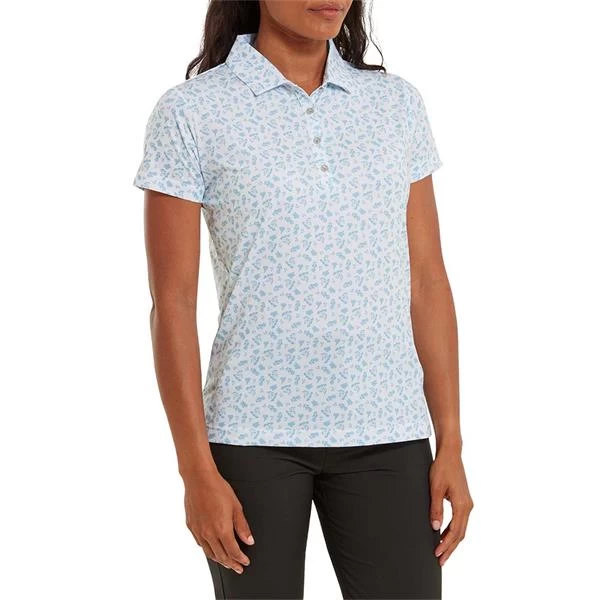 FootJoy Ladies Floral Print Lisle Polo Shirt White - Blue 3 FootJoy Ladies Floral Print Lisle Polo Shirt White - Blue - Image 3