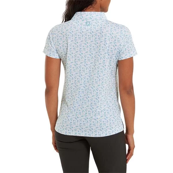 FootJoy Ladies Floral Print Lisle Polo Shirt White - Blue 4 FootJoy Ladies Floral Print Lisle Polo Shirt White - Blue - Image 4