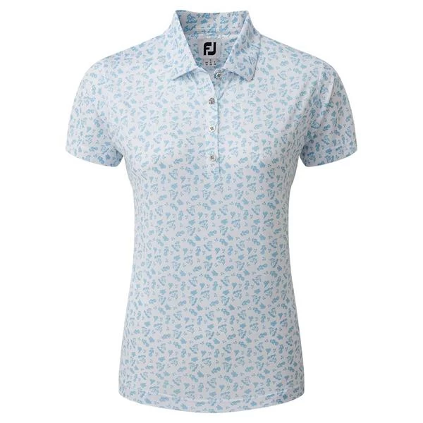 FootJoy Ladies Floral Print Lisle Polo Shirt White - Blue 1 FootJoy Ladies Floral Print Lisle Polo Shirt White - Blue