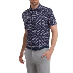 FootJoy Gents Leaping Dolphins Lisle Shirt Navy - Lavender -FootJoy P 88351FJGENTSLEAPINGDOLPHINSLISLESHIRTNAVYLAVEN 2 L