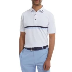 FootJoy Gents Double Chest Band Pique Shirt White - Navy - Blue -FootJoy P 88443FJGENTSDOUBLECHESTBANDPIQUESHIRTWHTNAVYBLUE 2 L