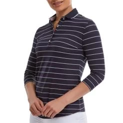 FootJoy Ladies 3/4 Sleeve Pinstripe Pique Navy -FootJoy P 88460FJLADIESPINSTRIPEPIQUEPOLONAVY 3 L